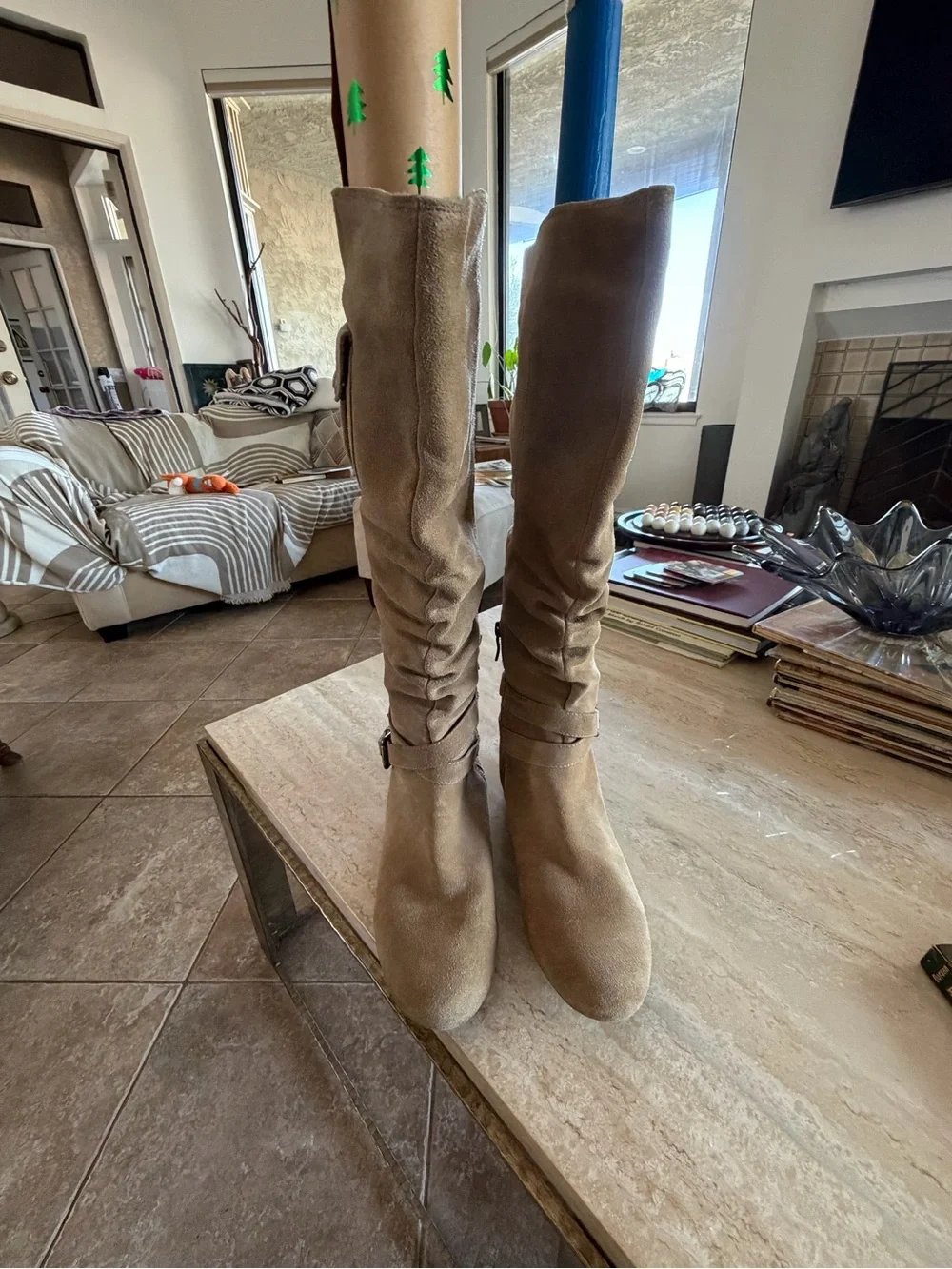 BCBGeneration Tan Suede Knee Length Boots with Pocket Accent and Low Heel